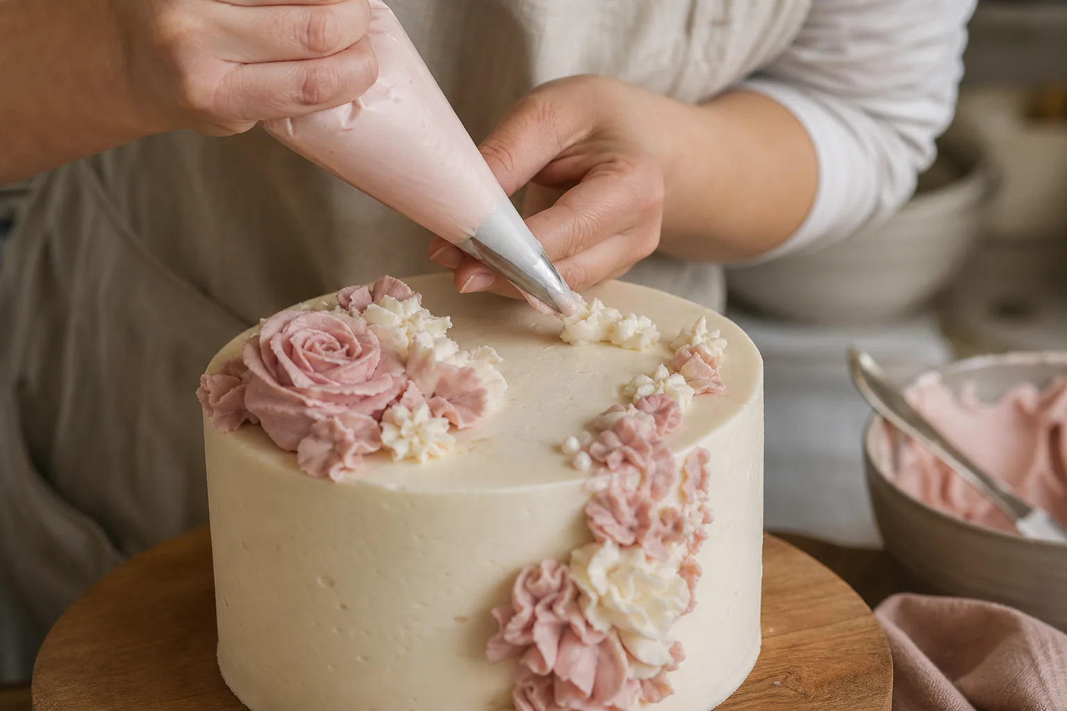 A pastry chef carefully piping buttercream details onto a cake