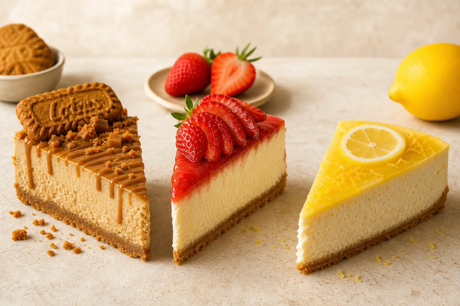 Lotus, strawberry and lemon cheesecake slices