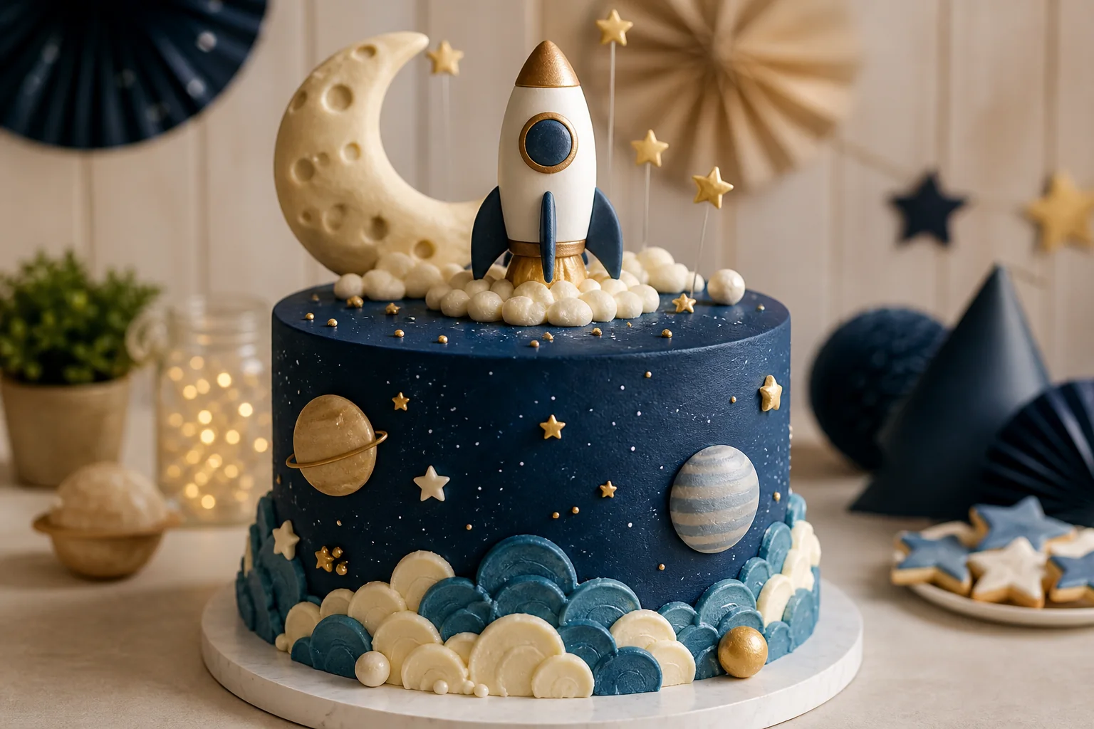 Space and rocket themed children's birthday cake