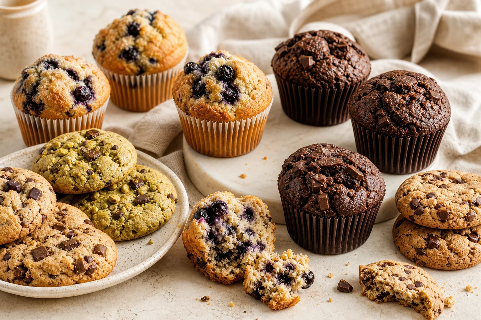 Blueberry and chocolate muffins with chunky cookies
