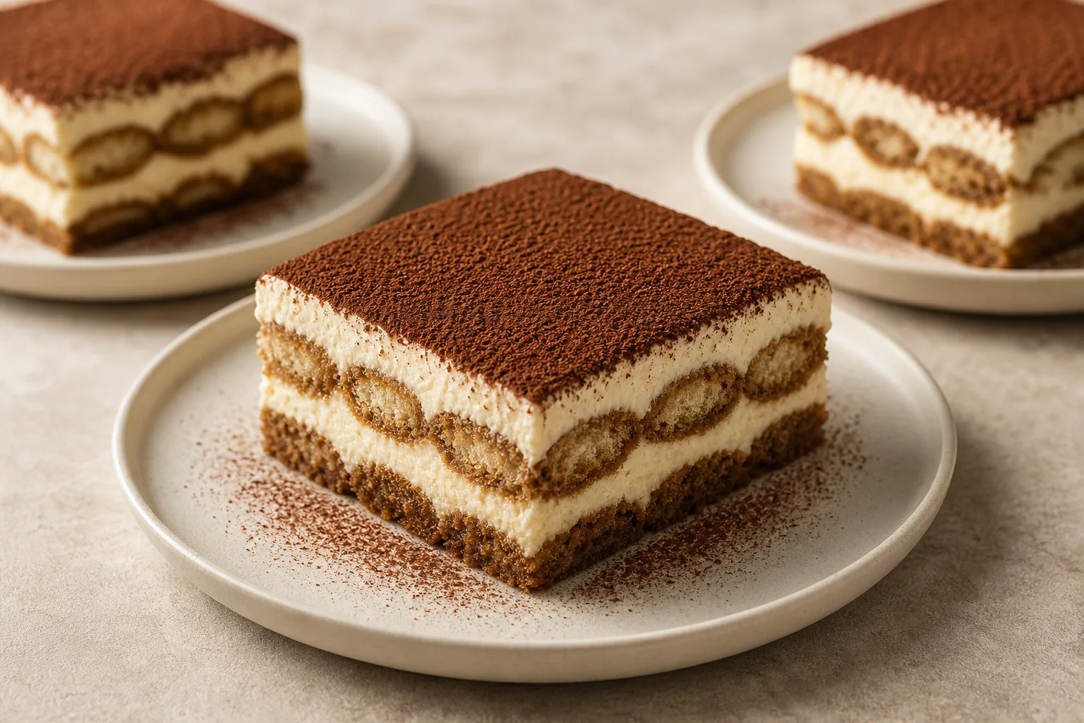 Classic layered tiramisu portions with cocoa